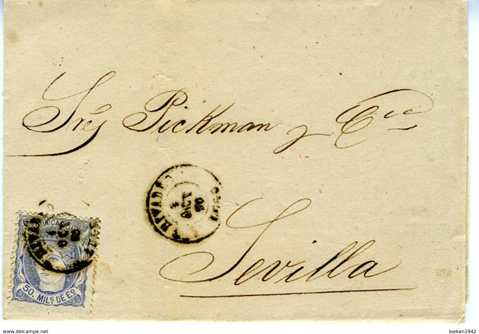 ESPAGNE 1870  LETTRE  RIVADEO    A SEVILLA  50MILS N° 107     Ref LC35 - Storia Postale