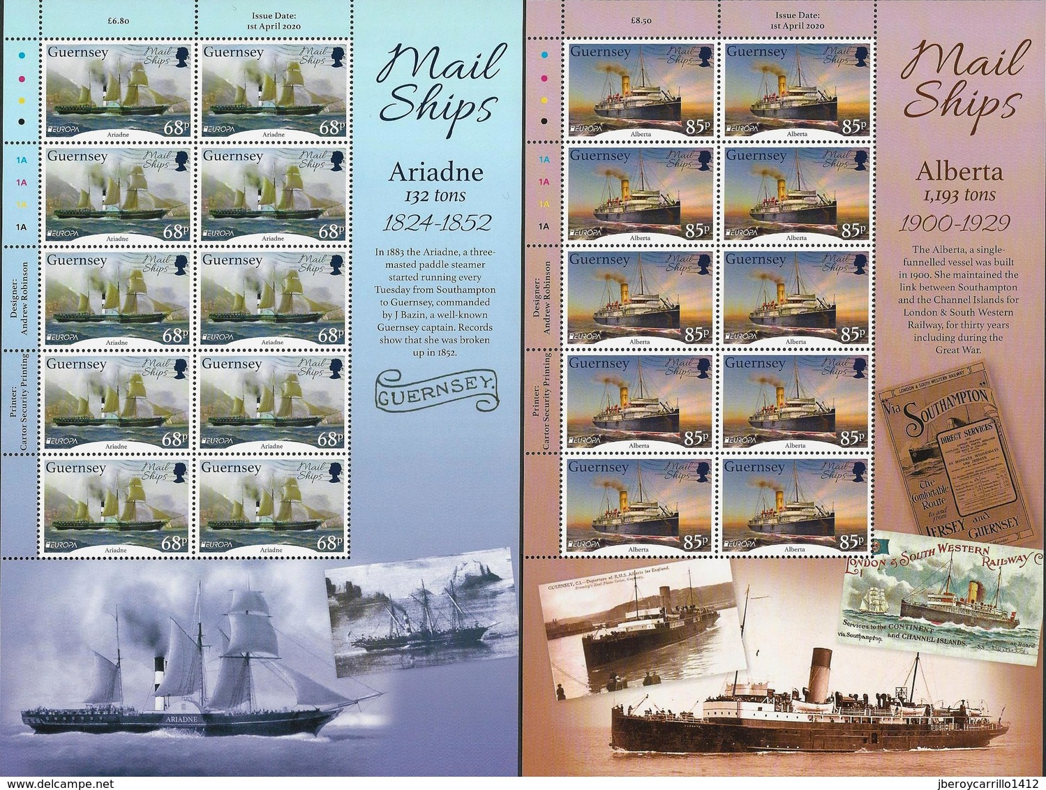 GUERNSEY -EUROPA 2020 -"ANTIGUAS RUTAS POSTALES - ANCIENT POSTAL ROUTES.- TWO SHEETS Of 10 STAMPS With LOGO EUROPA - 2020