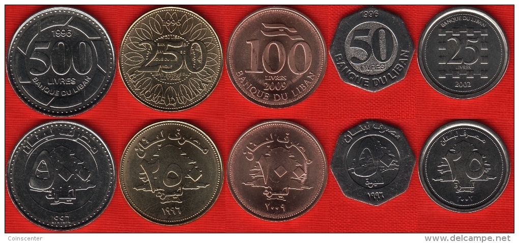 Lebanon Set Of 5 Coins: 25-500 Livres 1996-2009 UNC - Lebanon