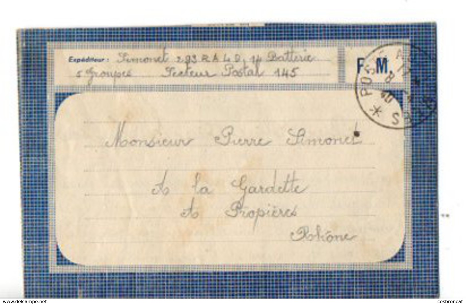 B7  08 04 1940 Lettre + Courrier  FM (formulaire Spécial)  Secteur Postal 145 - 2. Weltkrieg 1939-1945