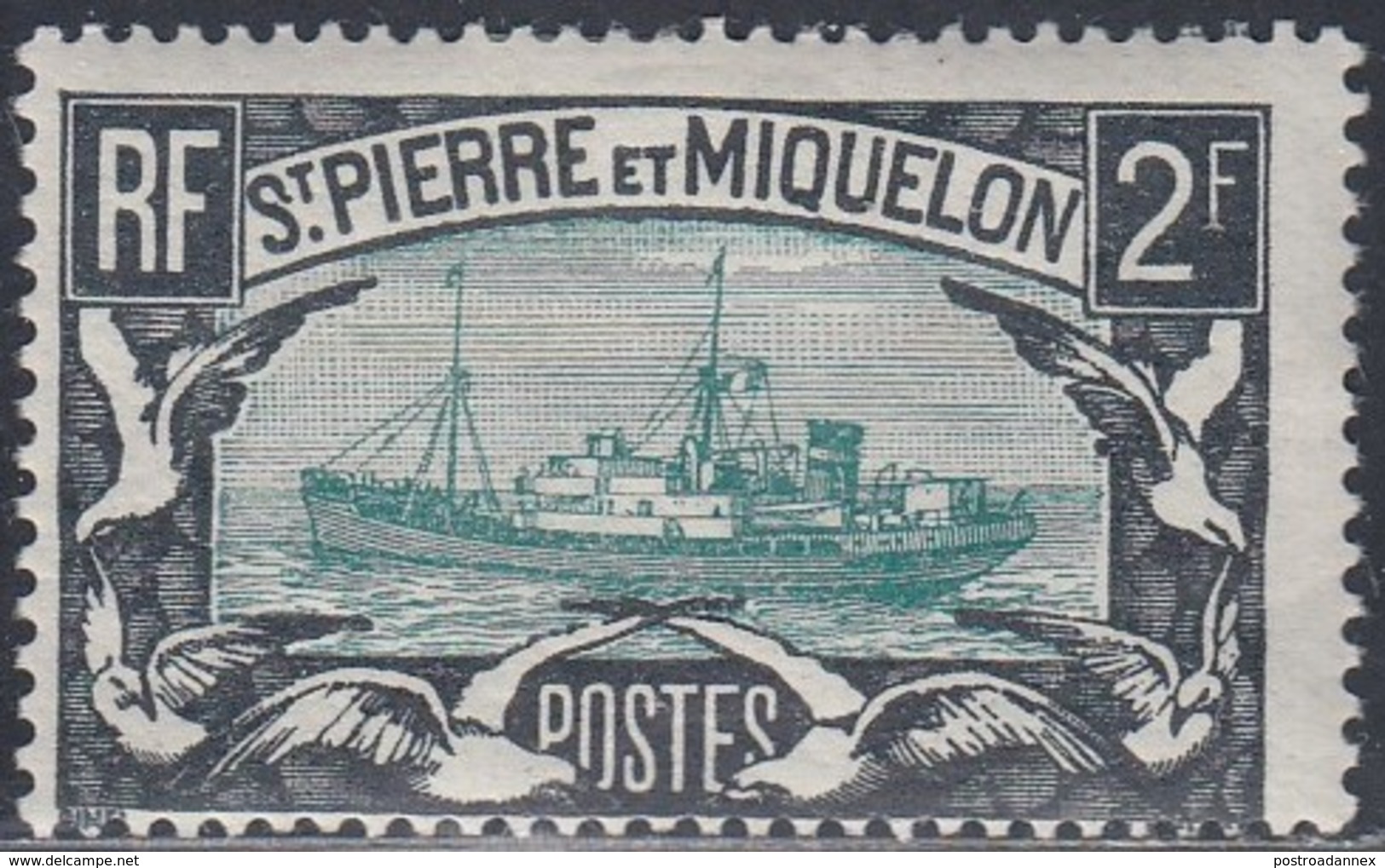 St Pierre Miquelon, Scott #155, Mint Hinged, Fishing Steamer, Issued 1932 - Unused Stamps