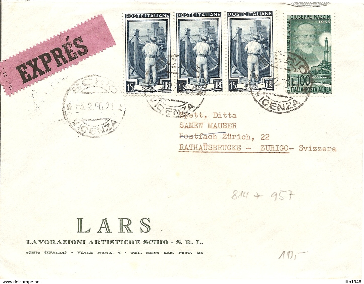 Italia. 3.2.1956, Mazzini, Schio To Switzerland, Express Cover, See Scans! - 1946-47 Corpo Polacco