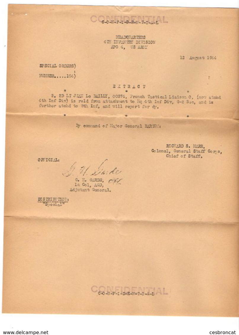 B7  12 08 1944 Lettre 4e Division Infanterie US APO 4 Affectation D'un Officier Français   Confidentiel... - Guerre De 1939-45