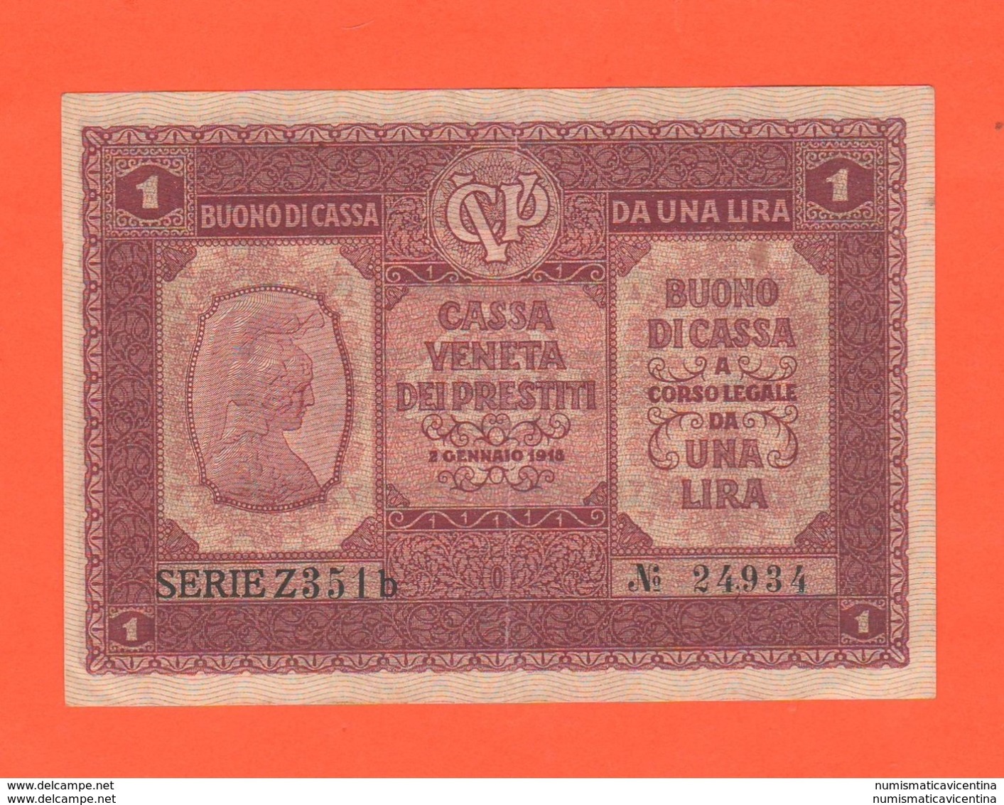 Italia 1 Lira  Cassa Veneta Prestiti 1918 Buono Di Cassa War Currency - [ 4] Emisiones Provisionales