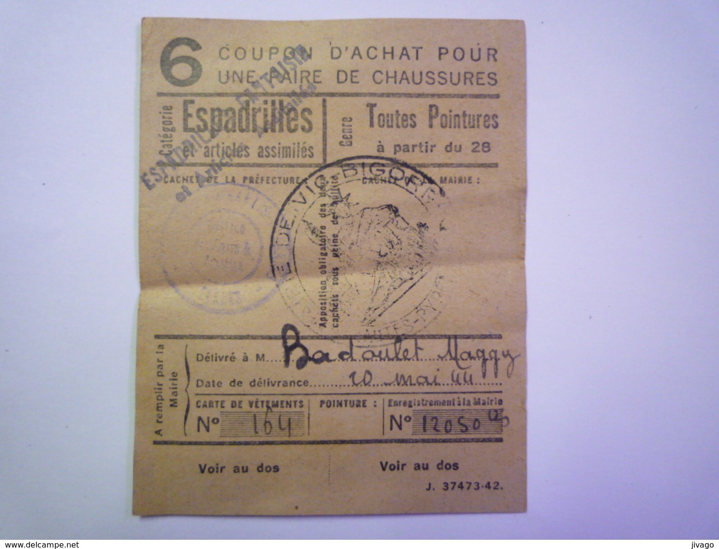 2020 - 5471  RATIONNEMENT  1944  :  VIC-BIGORRE  Coupon D'achat  ESPADRILLES   XXX - Zonder Classificatie