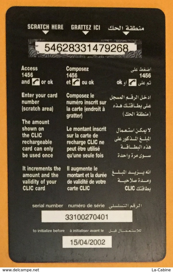 LIBAN CLIC DE CELLIS RECHARGE GSM 34$ EXP 15/04/2002 PHONECARD PAS TELECARTE CARTE TÉLÉPHONIQUE PRÉPAYÉE - Liban