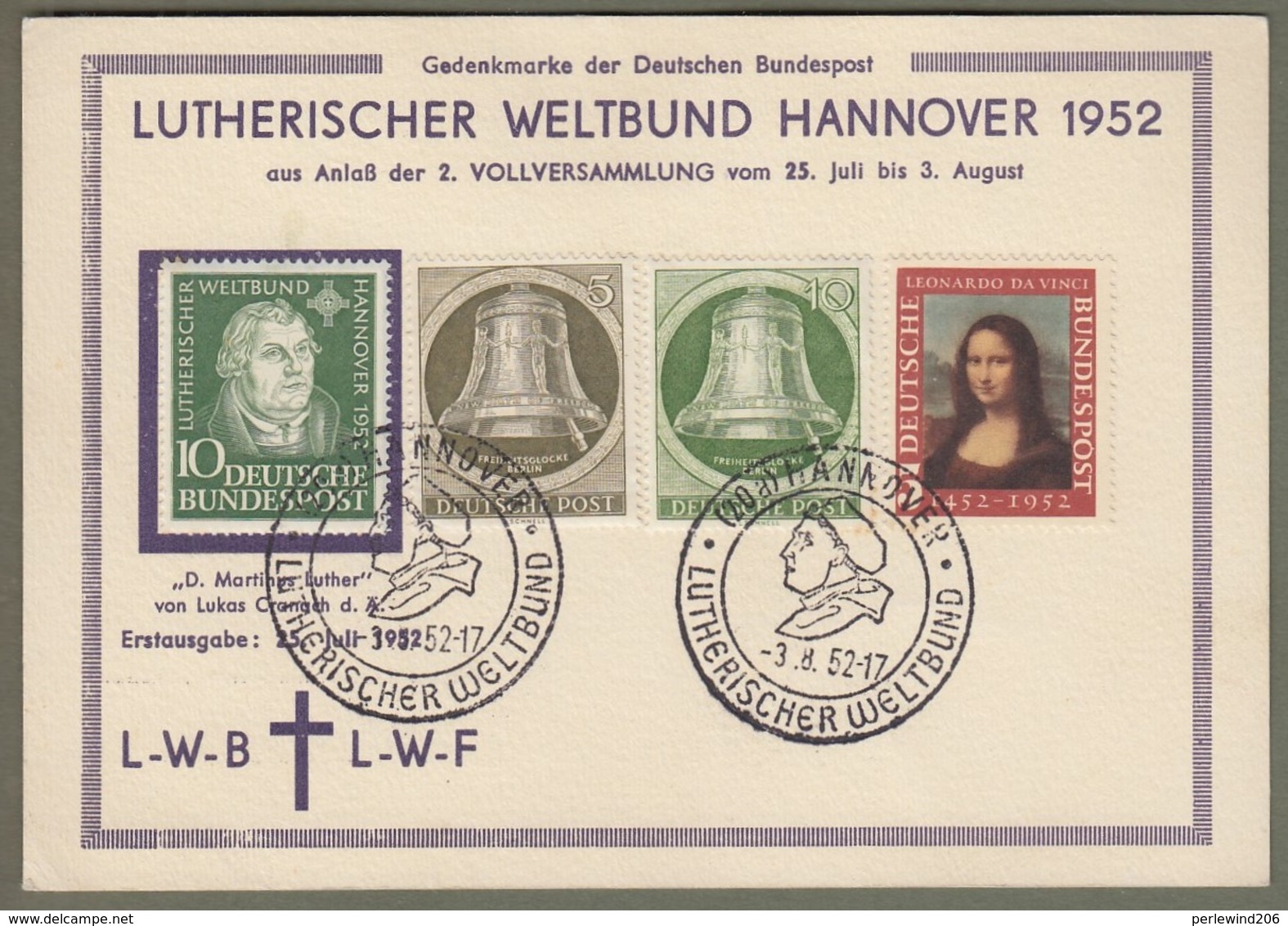 Bund + Berlin: Sonderkarte, Mi.-Nr. 148 Mona Lisa, 149 Martin Luther , B. 82-83 Glocke: " Lutherischer Weltbund "  X - Used Stamps