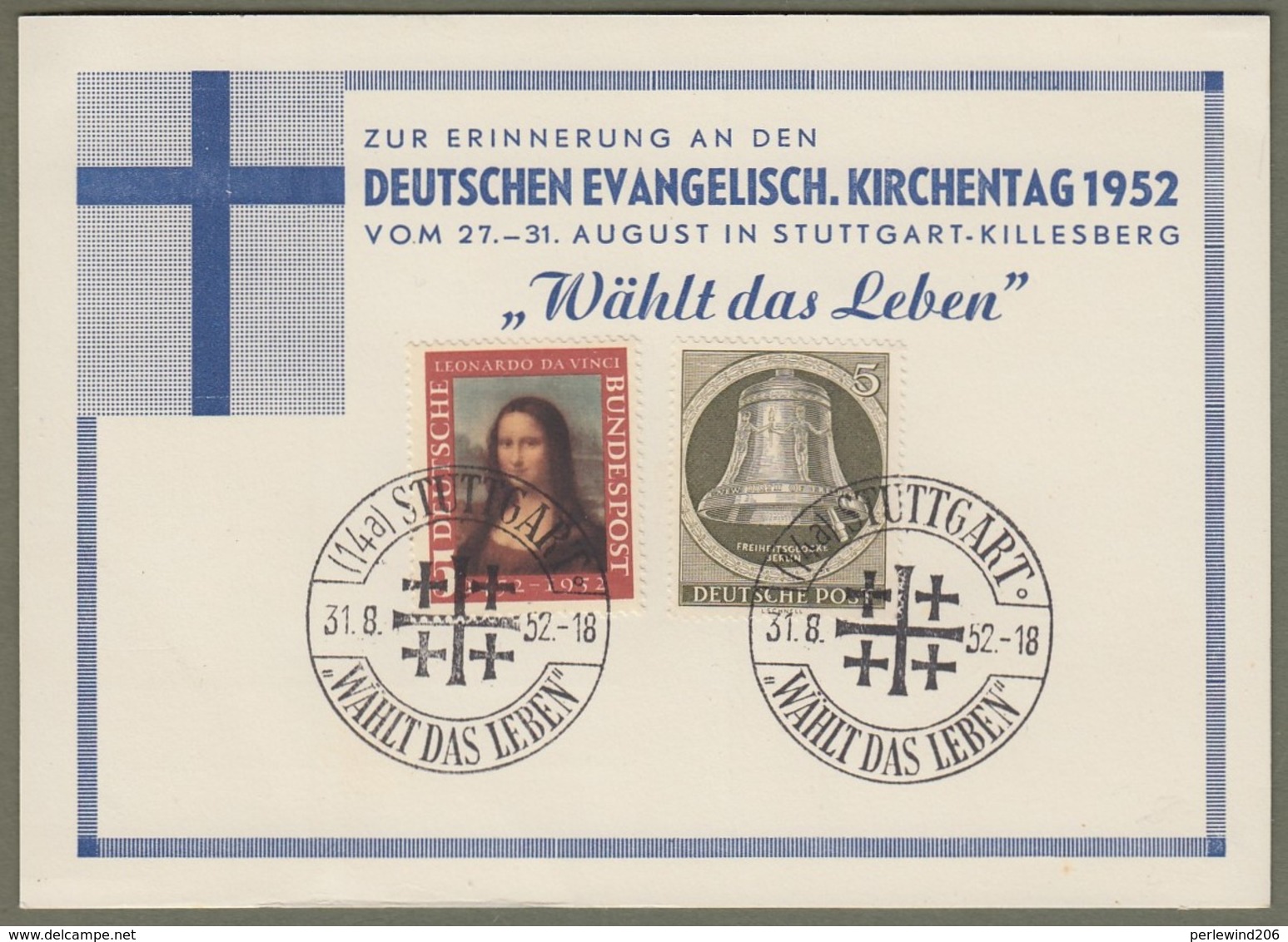 Bund + Berlin: Sonderkarte, Mi.-Nr. 148 Mona Lisa, U. Berlin 82 Glocke Re.: " Evangelischer Kirchentag 1952 "  X - Gebraucht