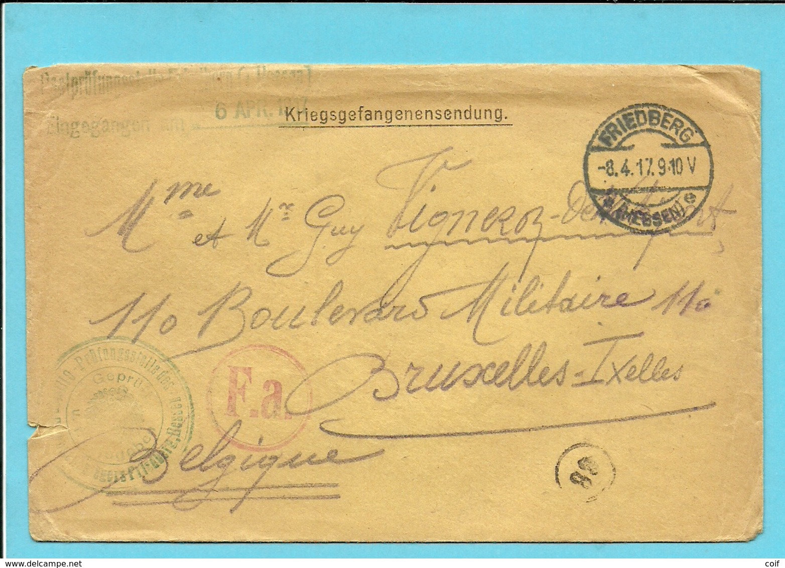 Brief Van OFFISIERGEFANGENENLAGER FRIEDBERG , Stempel Op 8/4/17 Naar BRUXELLES - Kriegsgefangenschaft