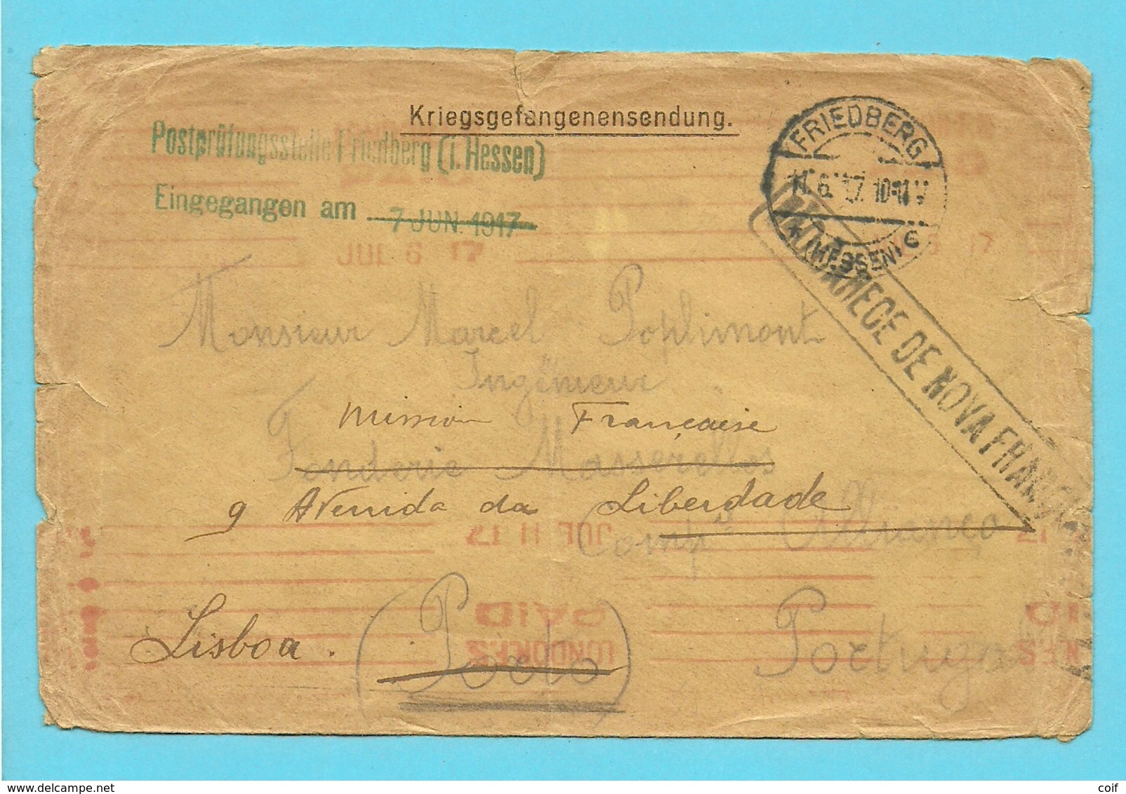 Brief Van OFFISIERGEFANGENENLAGER FRIEDBERG (Luitenant Belge) , Stempel Op 11/6/17 Naar Camp Allianco / Porto / Portugal - Krijgsgevangenen