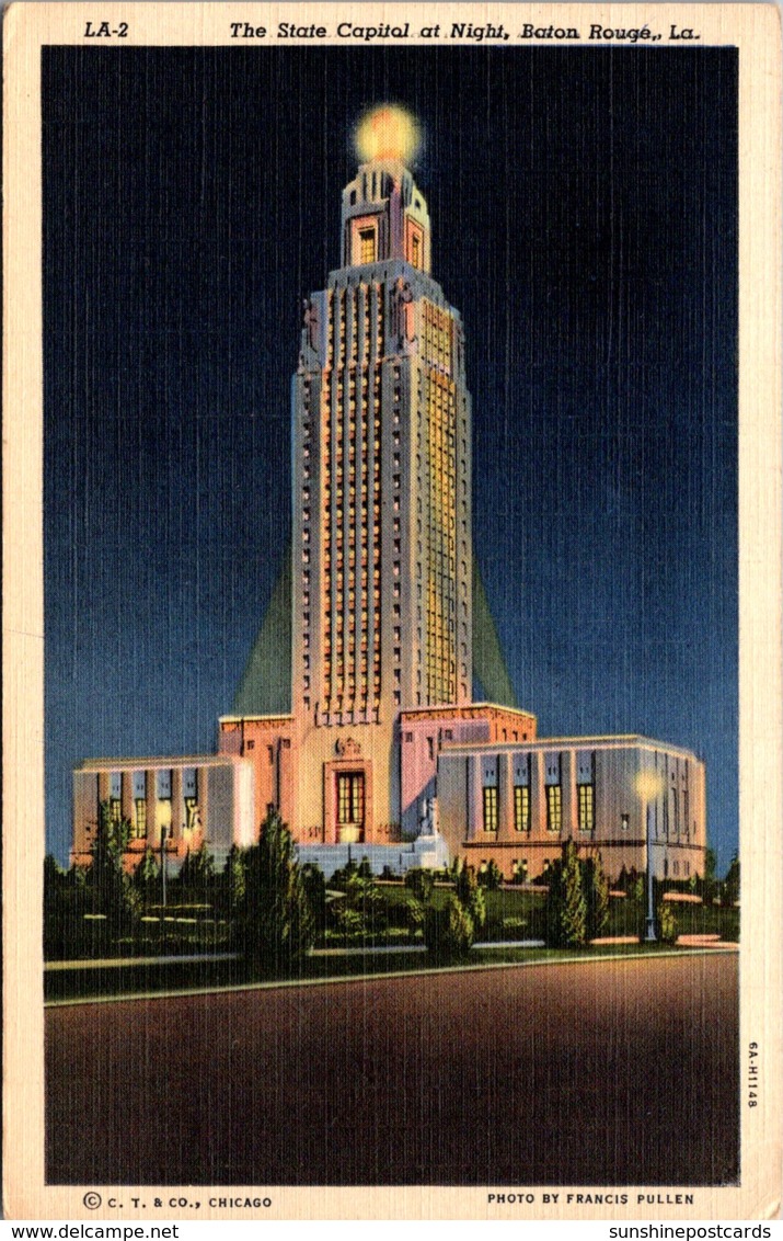 Louisiana Baton Rouge The State Capitol At Night 1943 Curteich - Baton Rouge