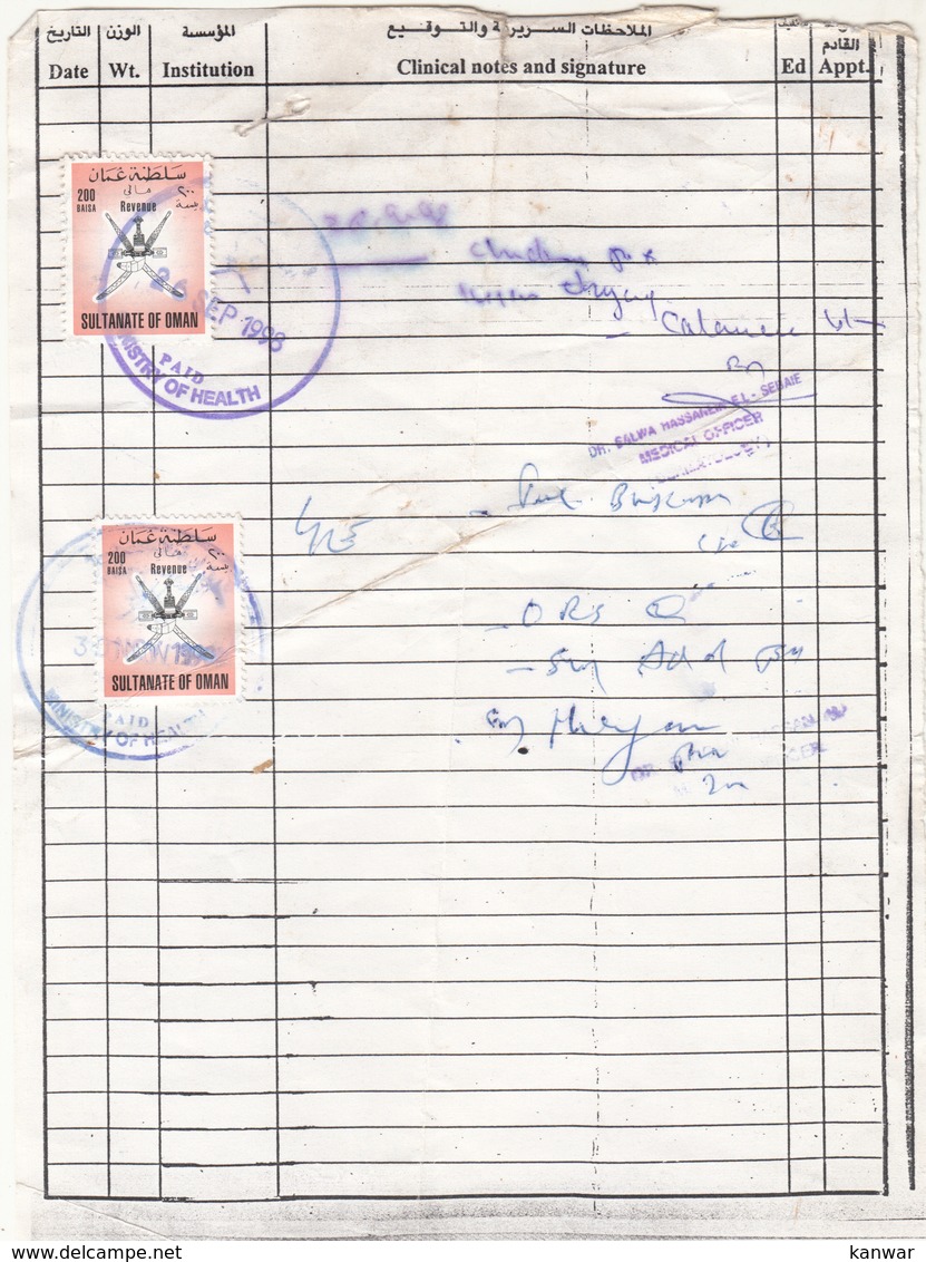 1998  OMAN 200BAISA REVENUE STAMPS ON DOCUMENT - Oman