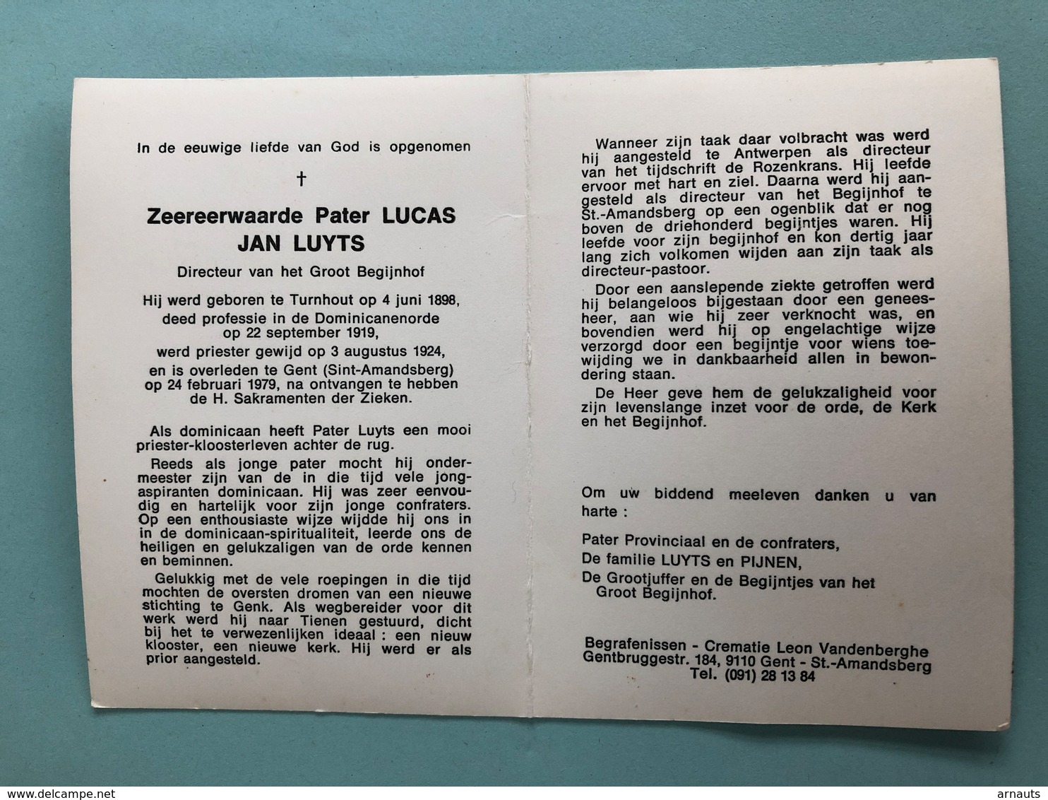 Pater Lucas, Jan Luyts Directeur Groot Begijnhof *1898 Turnhout Dominicaan Priester 1924 +1979 Gent St Amandsberg Begijn - Obituary Notices