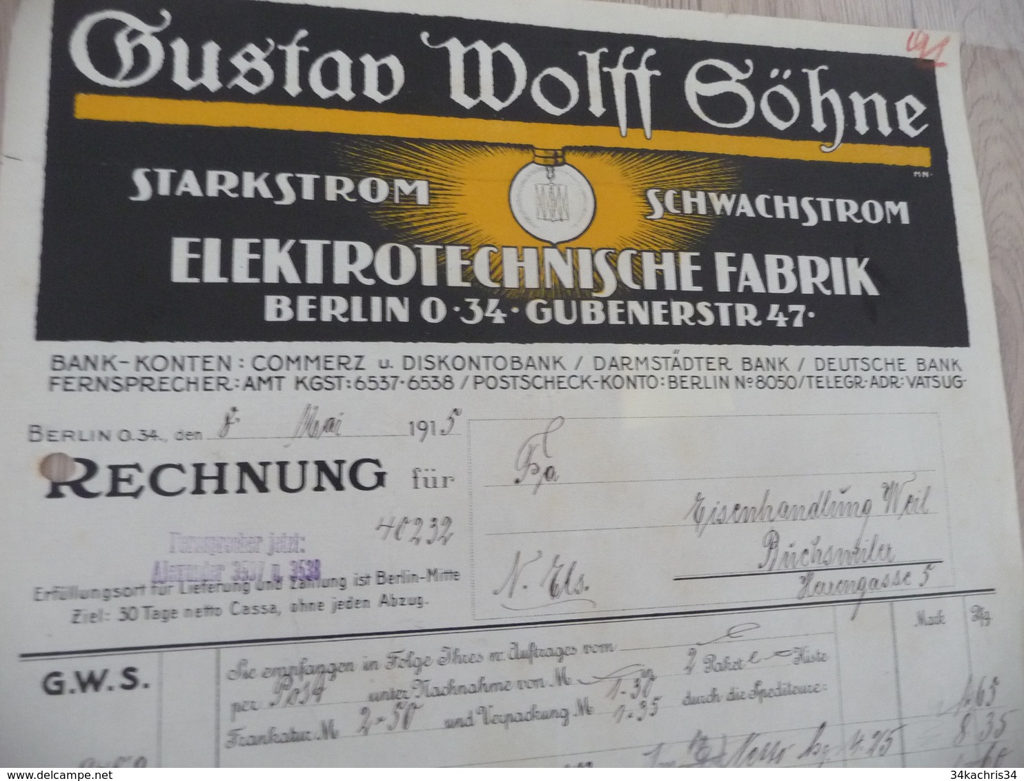Facture Illustrée Gustav Wolff Göhne Elektrotechnische Fabrix Berlin 1915 Lampes Lampen - Other & Unclassified