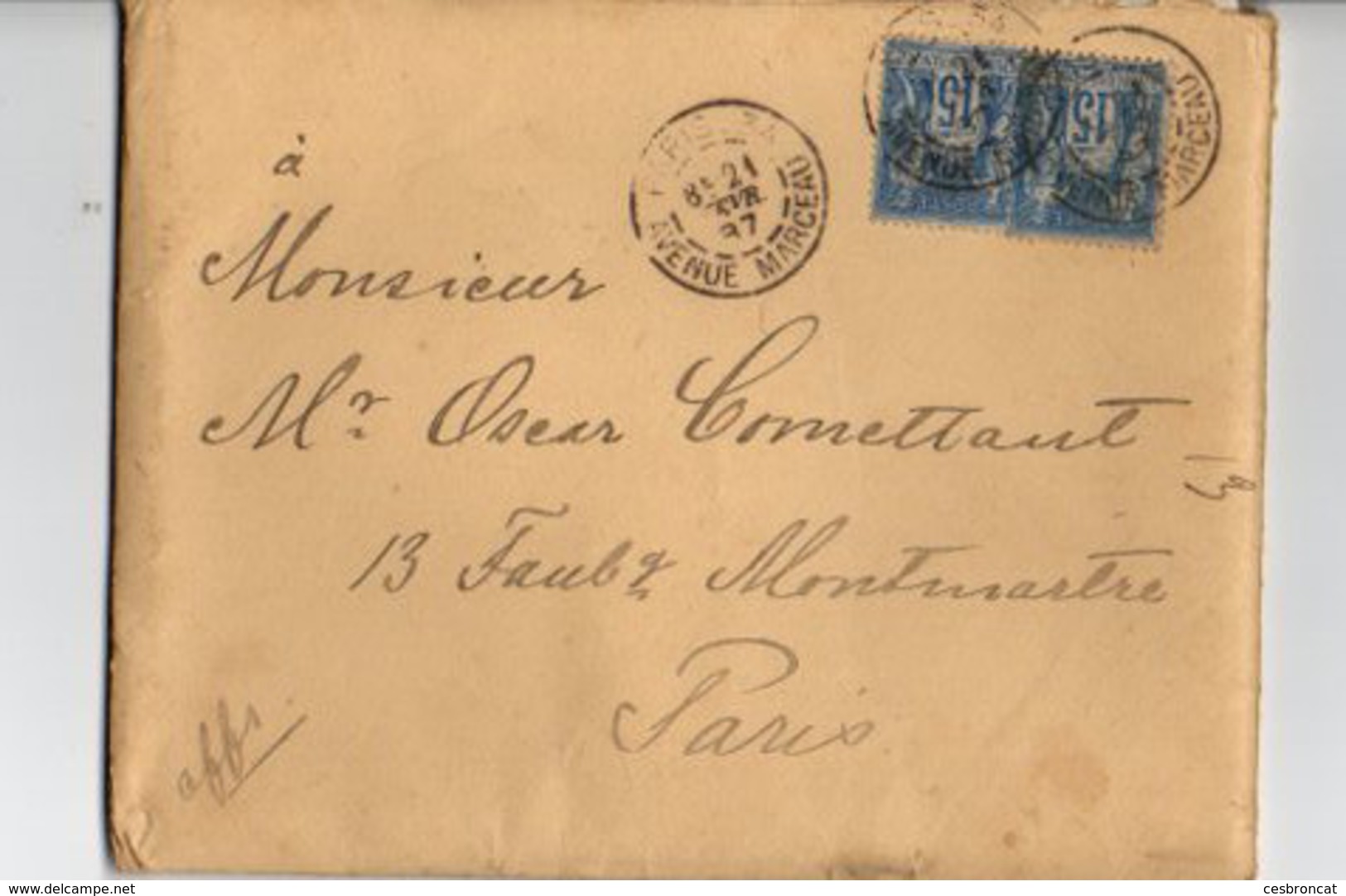 B7   21 02 1887 Lettre Paris Au Dos Cachet Légation Suede Et Norvege à Paris - 1876-1898 Sage (Type II)