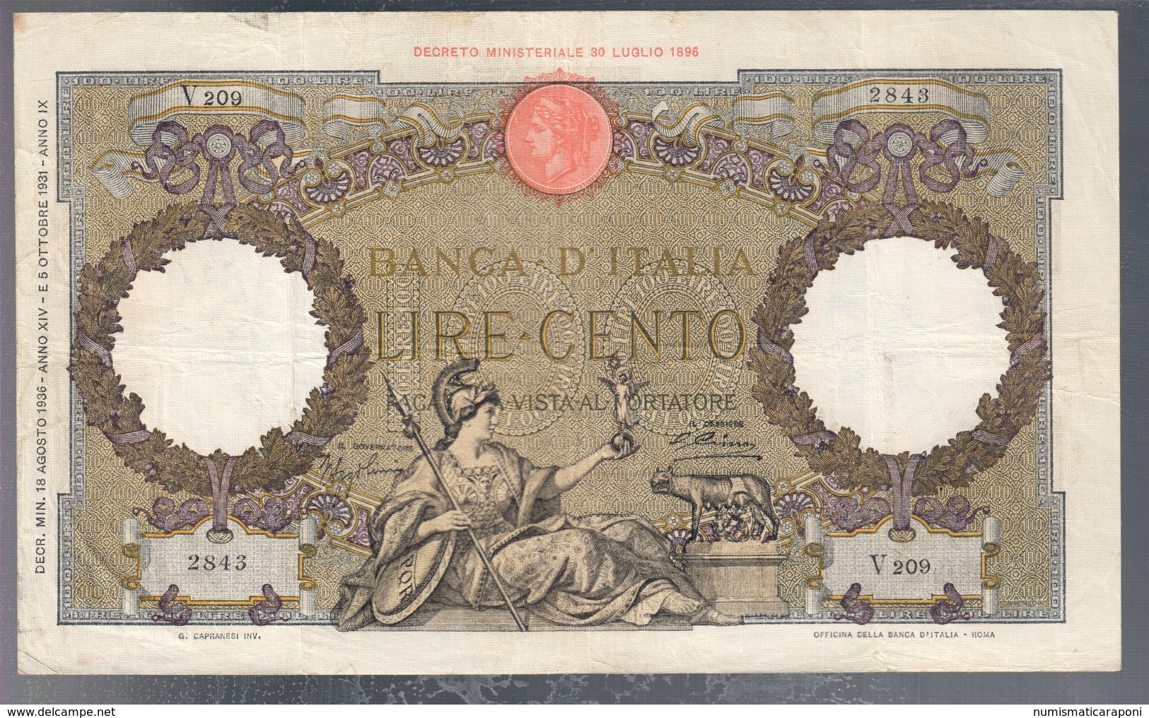 100 Lire Capranesi Roma Guerriera 18 08 1936 Fascio Roma La Prima Banconota Imperiale Rara Bb+ Naturale LOTTO 3236 - 100 Lire
