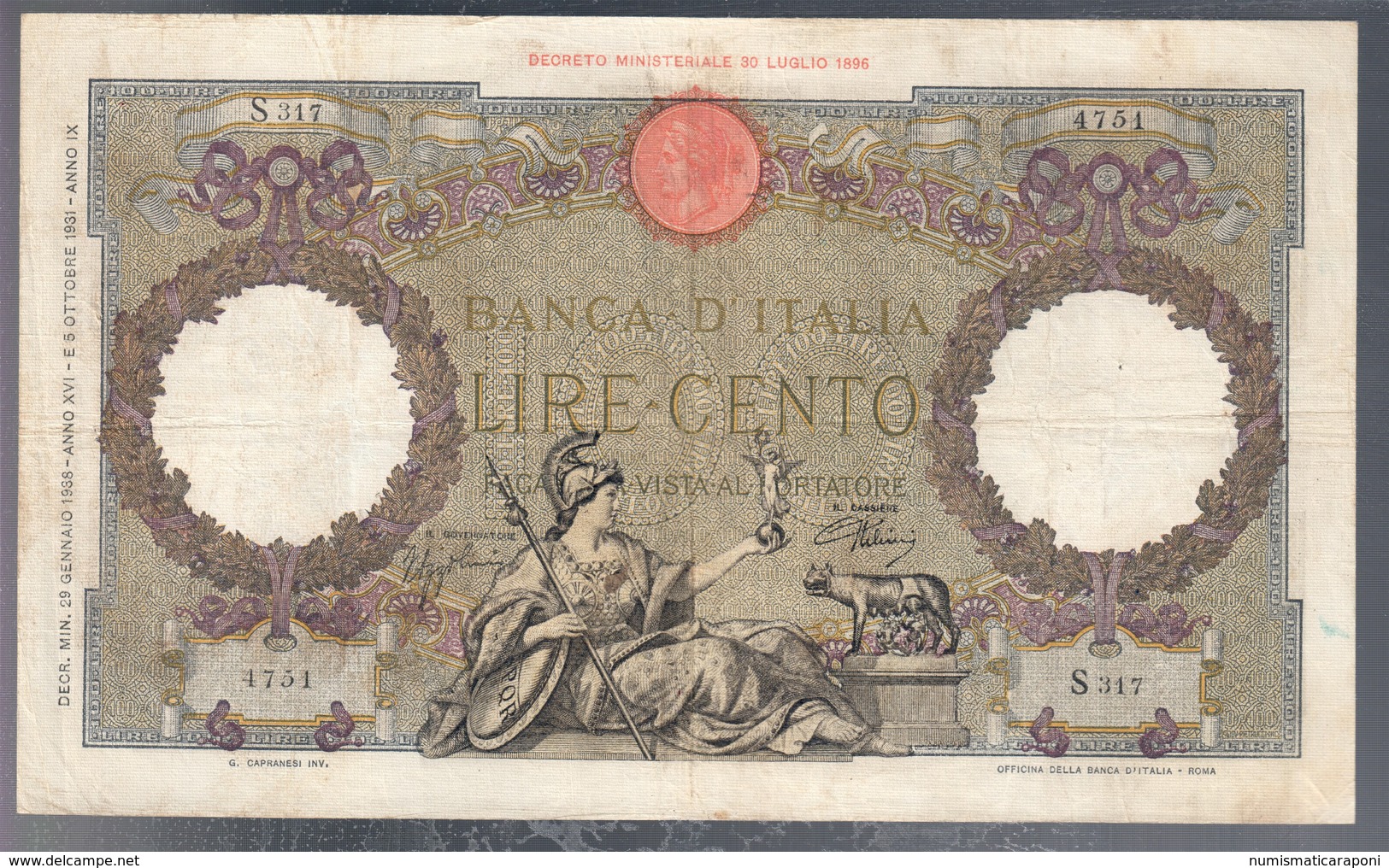 100 Lire Roma Guerriera Roma Fascio 29 01 1938 Bel Bb Naturale 2 Forellini Di Spilla  LOTTO 3238 - 100 Liras