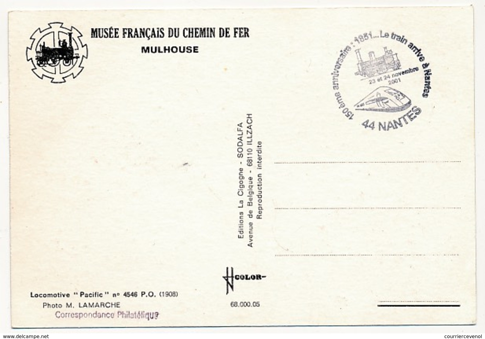 FRANCE - Cachet Temp "150eme Anniversaire 1851 Le Train Arrive à Nantes" 23/24 Nov 2001 S/CPM - Treni