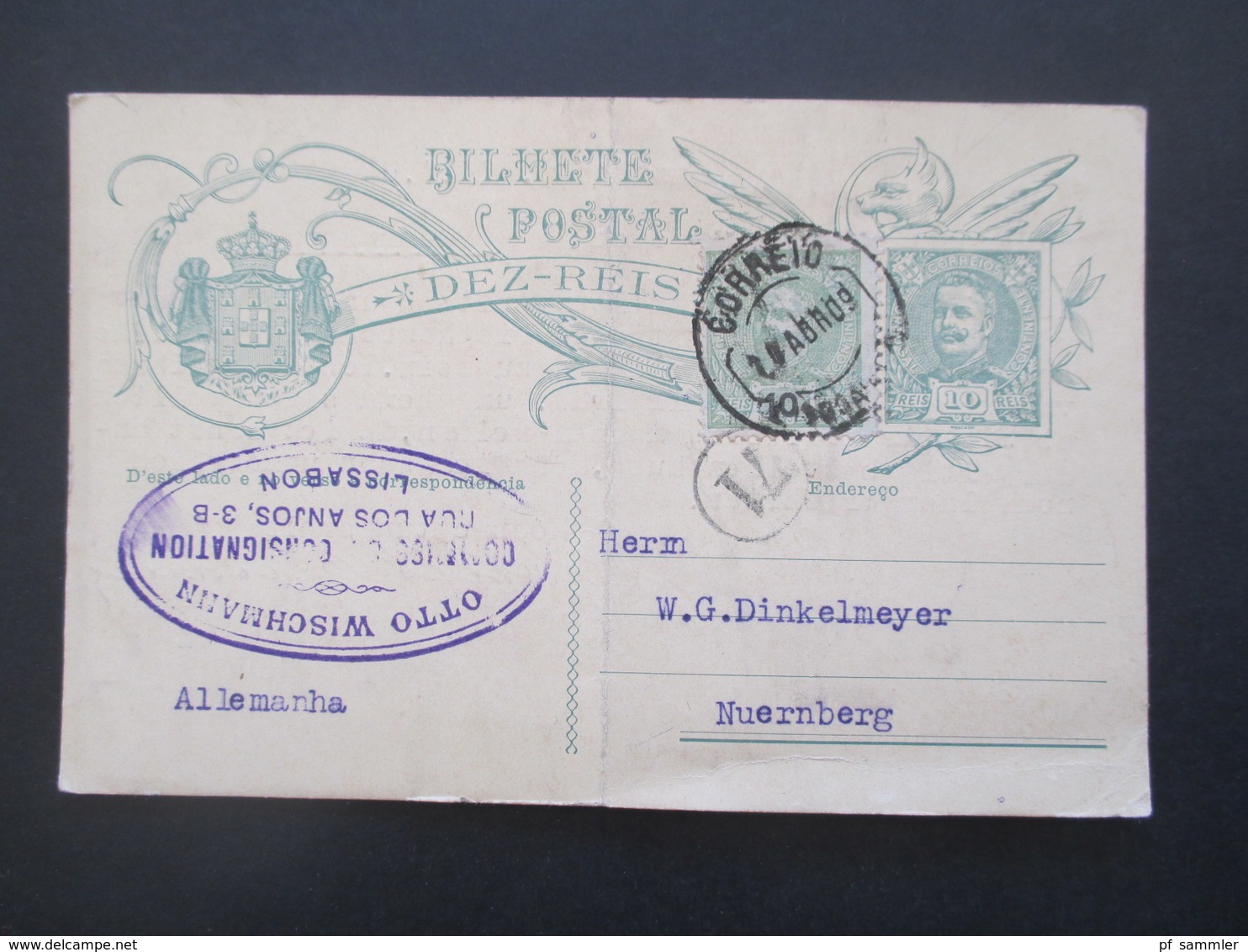 Portugal 1909 Ganzsache Mit Zusatzfranktur 10 Reis Firmenkarte Otto Wischmann Lissabon Nach Nürnberg - Lettres & Documents