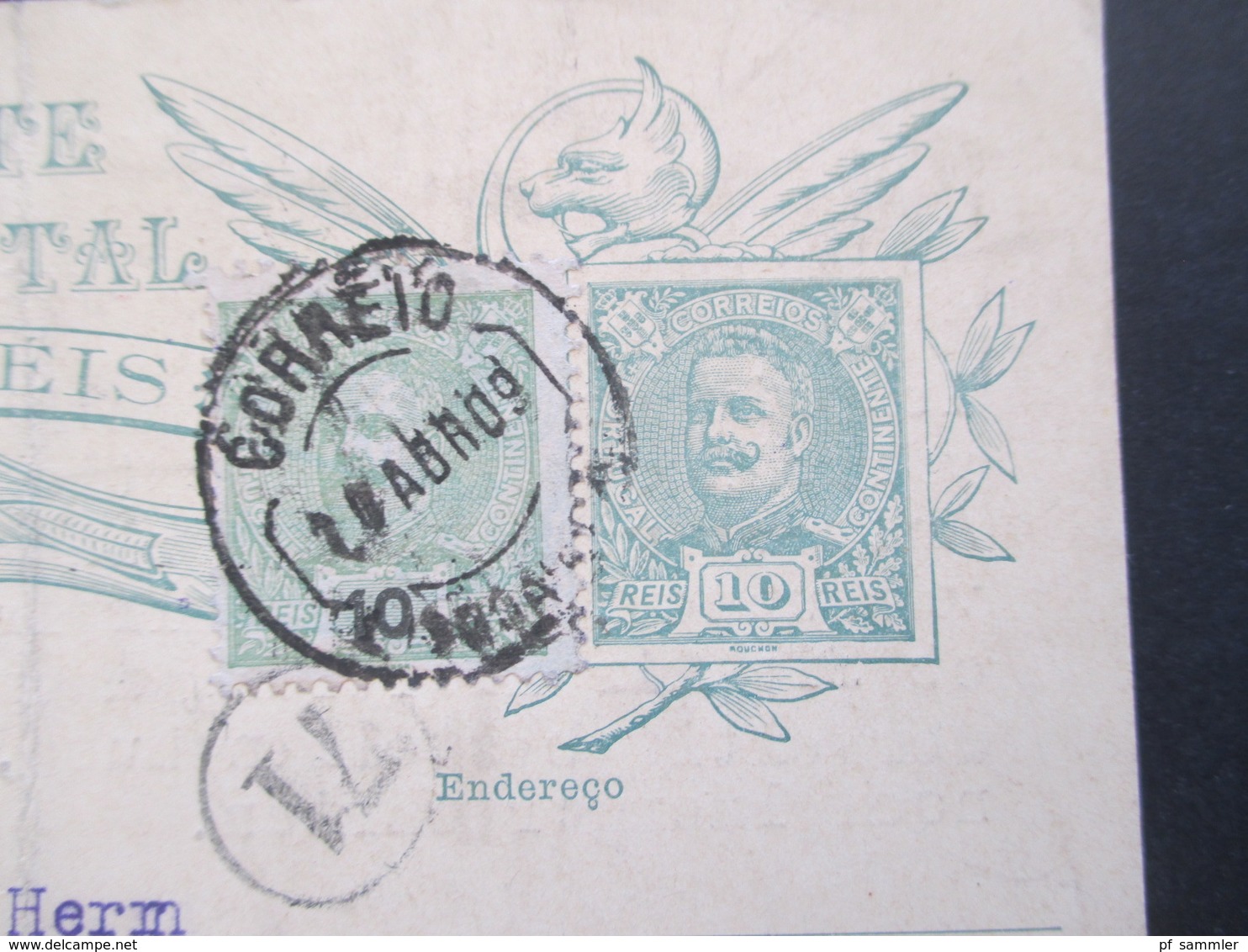 Portugal 1909 Ganzsache Mit Zusatzfranktur 10 Reis Firmenkarte Otto Wischmann Lissabon Nach Nürnberg - Storia Postale