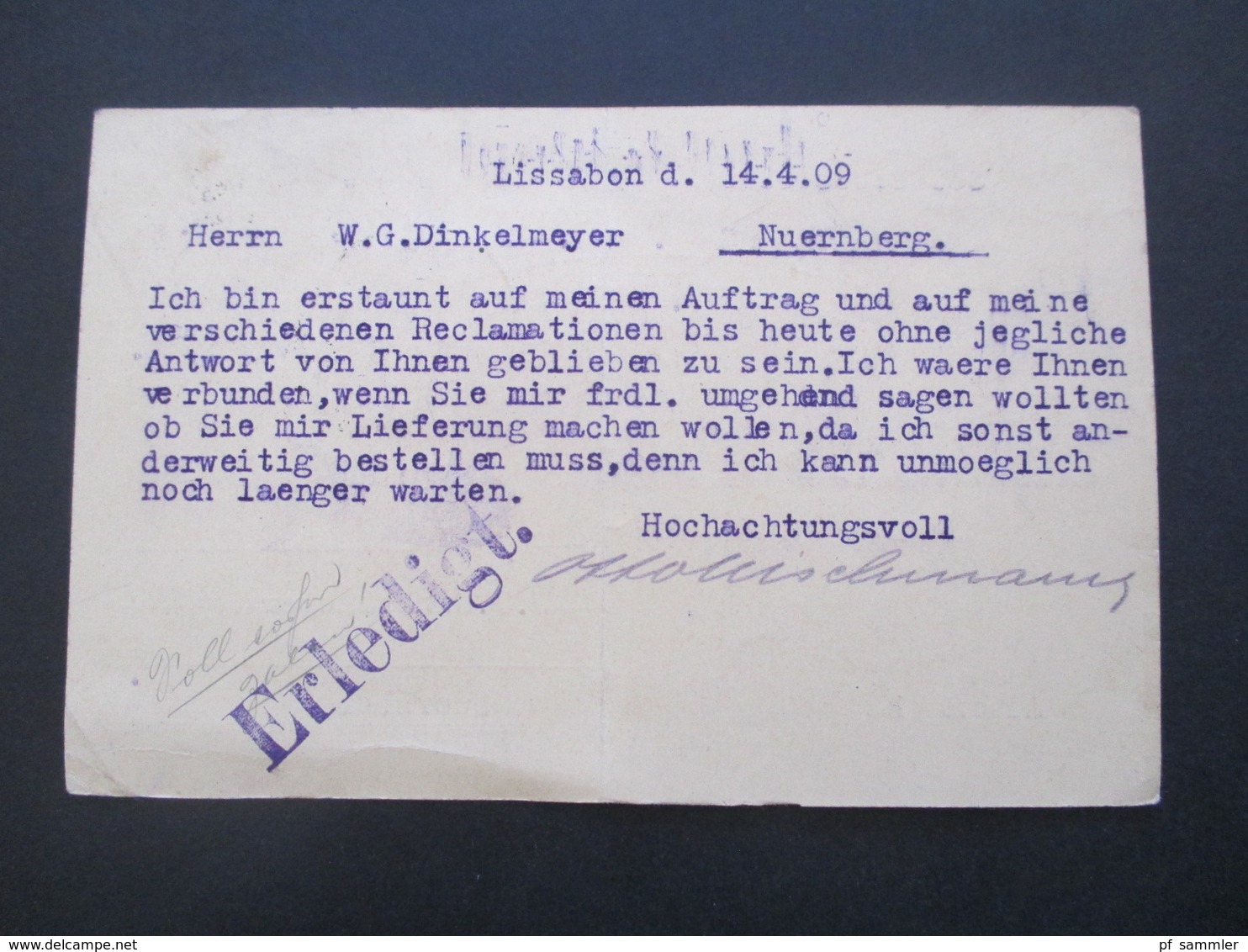 Portugal 1909 Ganzsache Mit Zusatzfranktur 10 Reis Firmenkarte Otto Wischmann Lissabon Nach Nürnberg - Cartas & Documentos