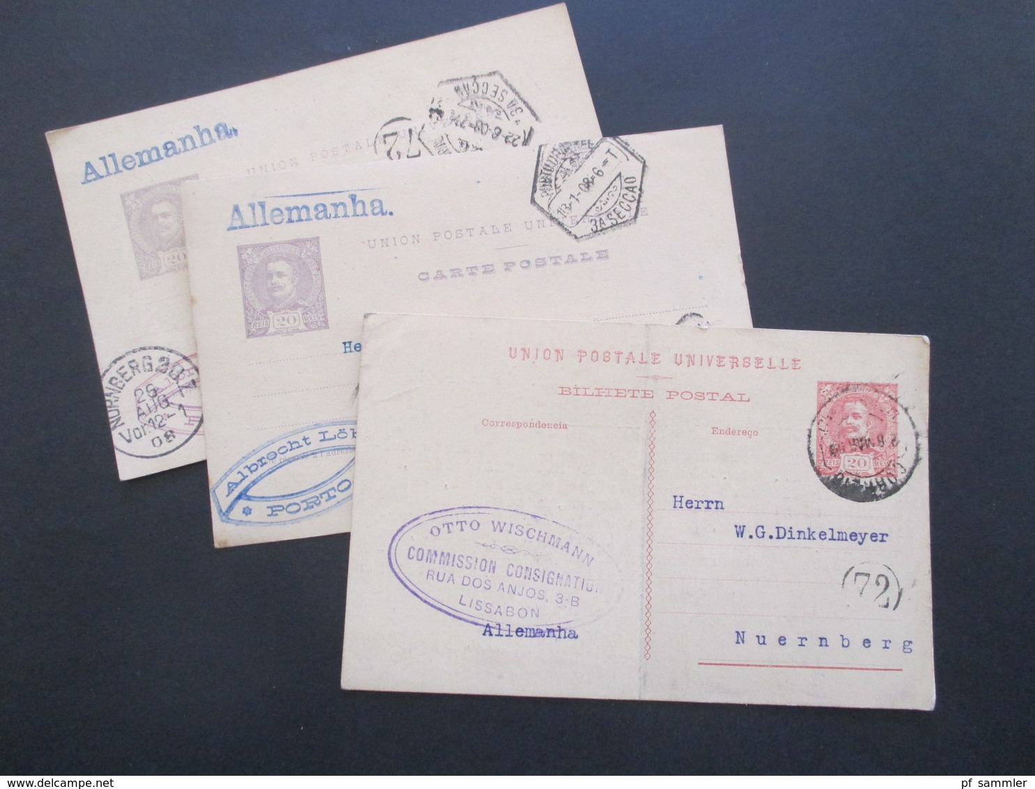 Portugal 1908 - 10 3 Ganzsachen Firmenkarten Otto Wischmann Lissabon Und Albrecht Löbe Porto Nach Nürnberg - Covers & Documents
