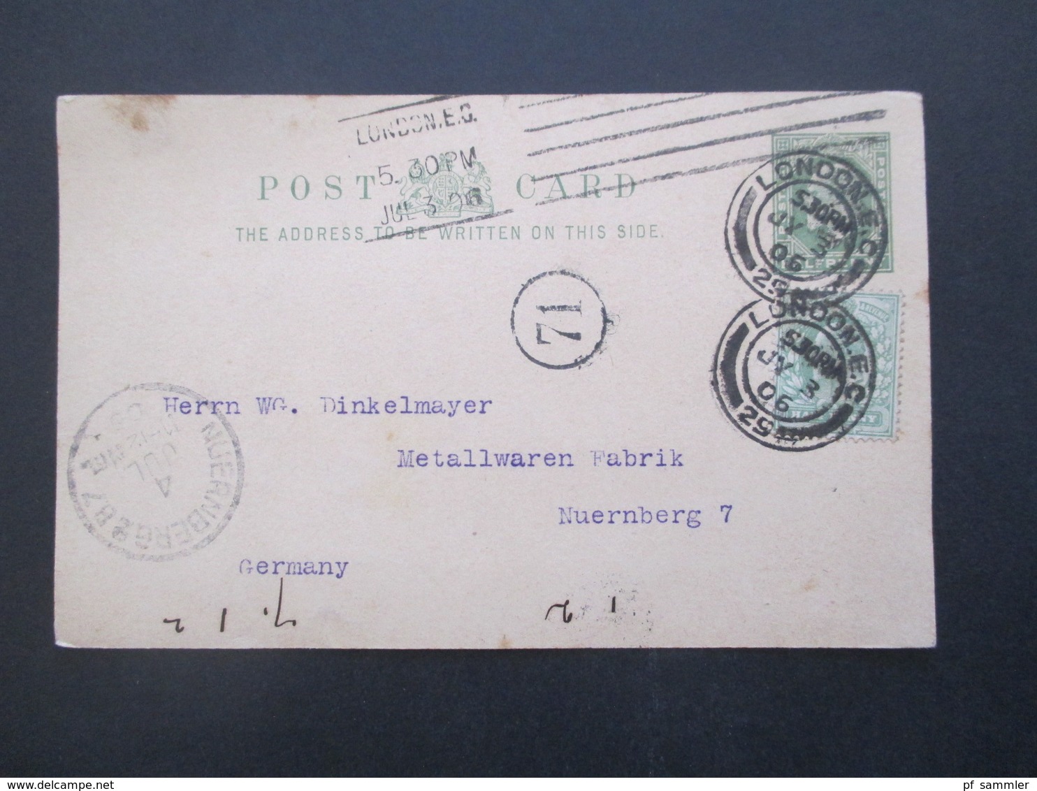 GB Ganzsache Mit Zusatzfrankatur London - Nürnberg Mit Ank. Stempel - Lettres & Documents