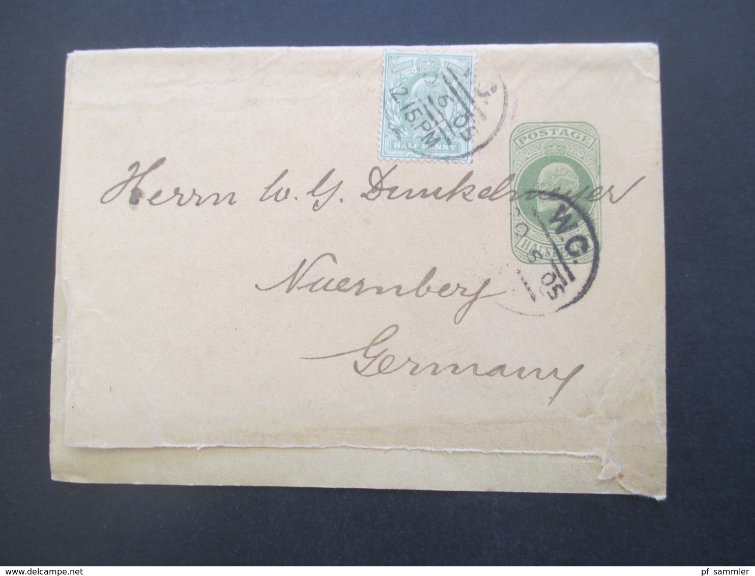 GB 1905 Streifband Mit Zusatzfrankatur Stempel W.C. Nach Nürnberg Gesendet - Covers & Documents