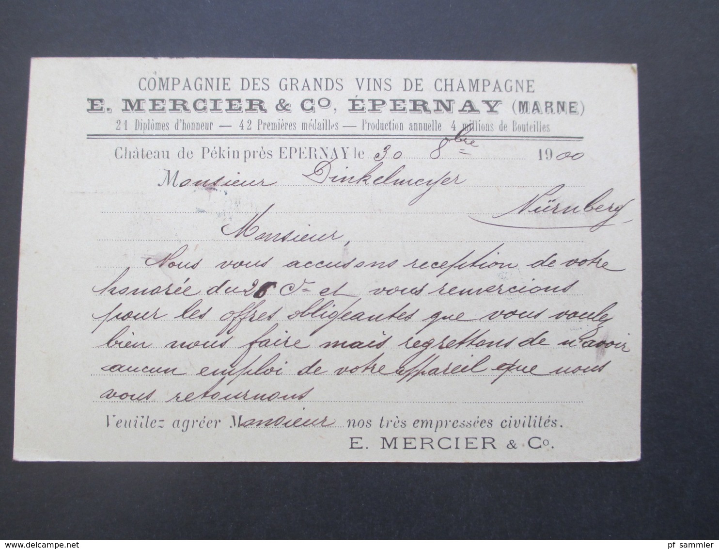 Frankreich 1900 Ganzsache Stempel Epernay Marne Gedruckte Firmenkarte Grand Vins De Champagne E. Mercier & Co - 1898-1900 Sage (Type III)