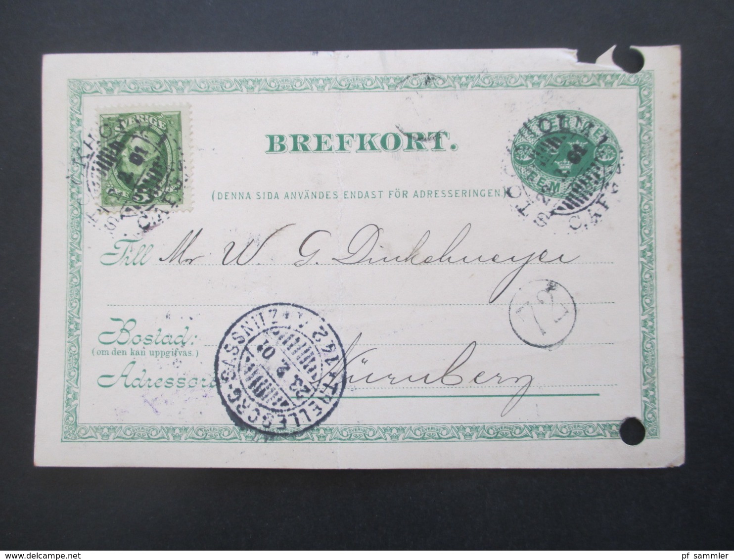 Schweden 1901 Ganzsache Mit Zusatzfrankatur Und Schifsspost Stempel Trelleborg - Sassnitz 142 Nach Nürnberg - Cartas & Documentos