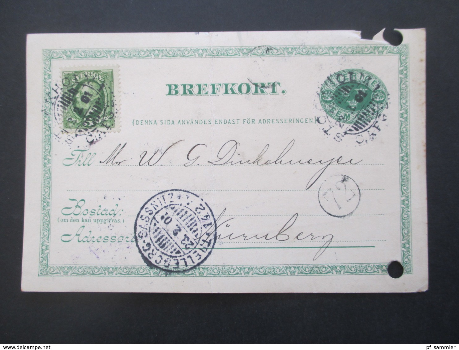 Schweden 1901 Ganzsache Mit Zusatzfrankatur Und Schifsspost Stempel Trelleborg - Sassnitz 142 Nach Nürnberg - Briefe U. Dokumente