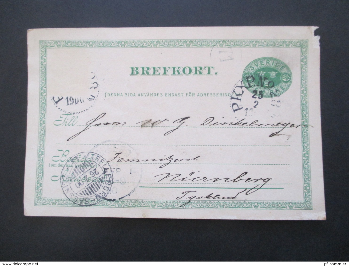 Schweden 1900 Ganzsache Zusatzfrankatur Abgelöst Und Kleiner Schifsspost Stempel Trelleborg - Sassnitz Nach Nürnberg - Lettres & Documents