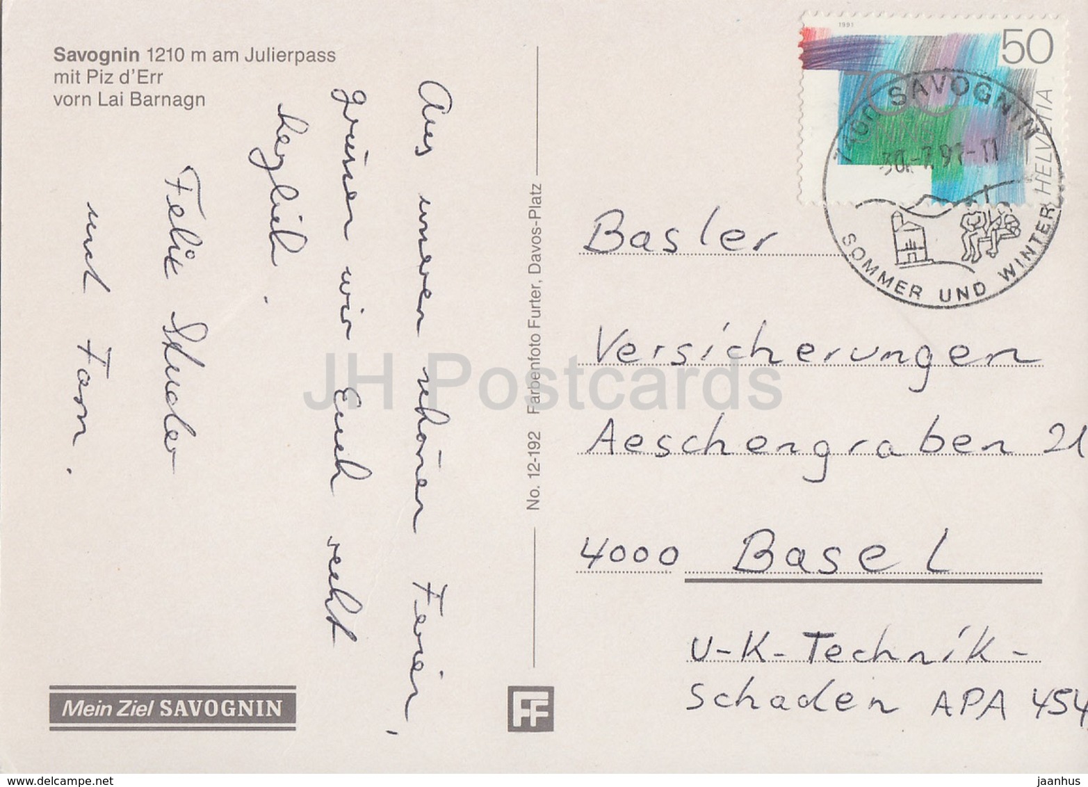 Savognin 1210 M Am Julierpass Mit Piz D'Err Vorn Lai Barnagn - 1997 - Switzerland - Used - Savognin