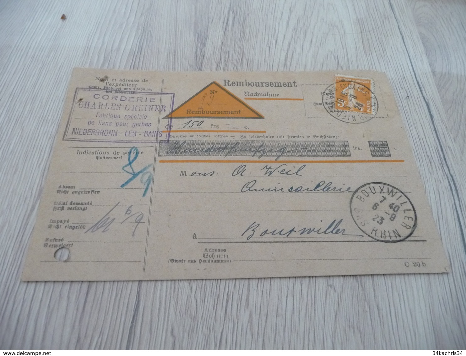 Lettre France Contre Remboursement 5 C Semeuse Orange Bi Lingue Allemand Alsace Lorraine 1923 - Covers & Documents