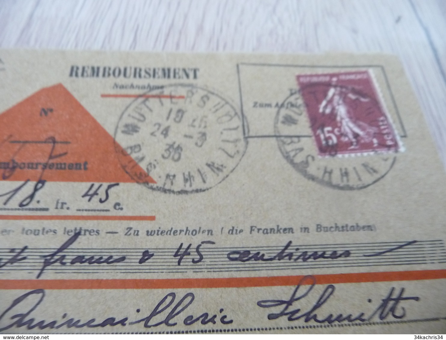 Lettre France Contre Remboursement 15 C Semeuse Rouge Brun Bi Lingue Allemand Alsace Lorraine 1936 - Storia Postale