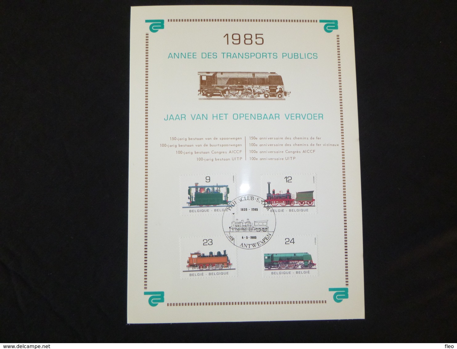 BELG.1985 2170-2173 FILATELIC CARD : " TRAINS " - 1981-1990