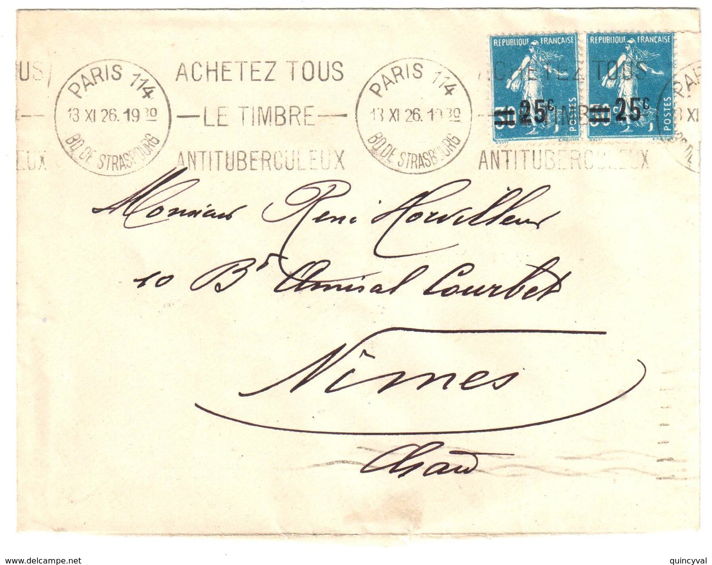 PARIS 114 Lettre 25c/30 Semeuse Bleu Yv 217 Ob 1926 Meca Krag Timbre Antituberculeux B114202 - Covers & Documents