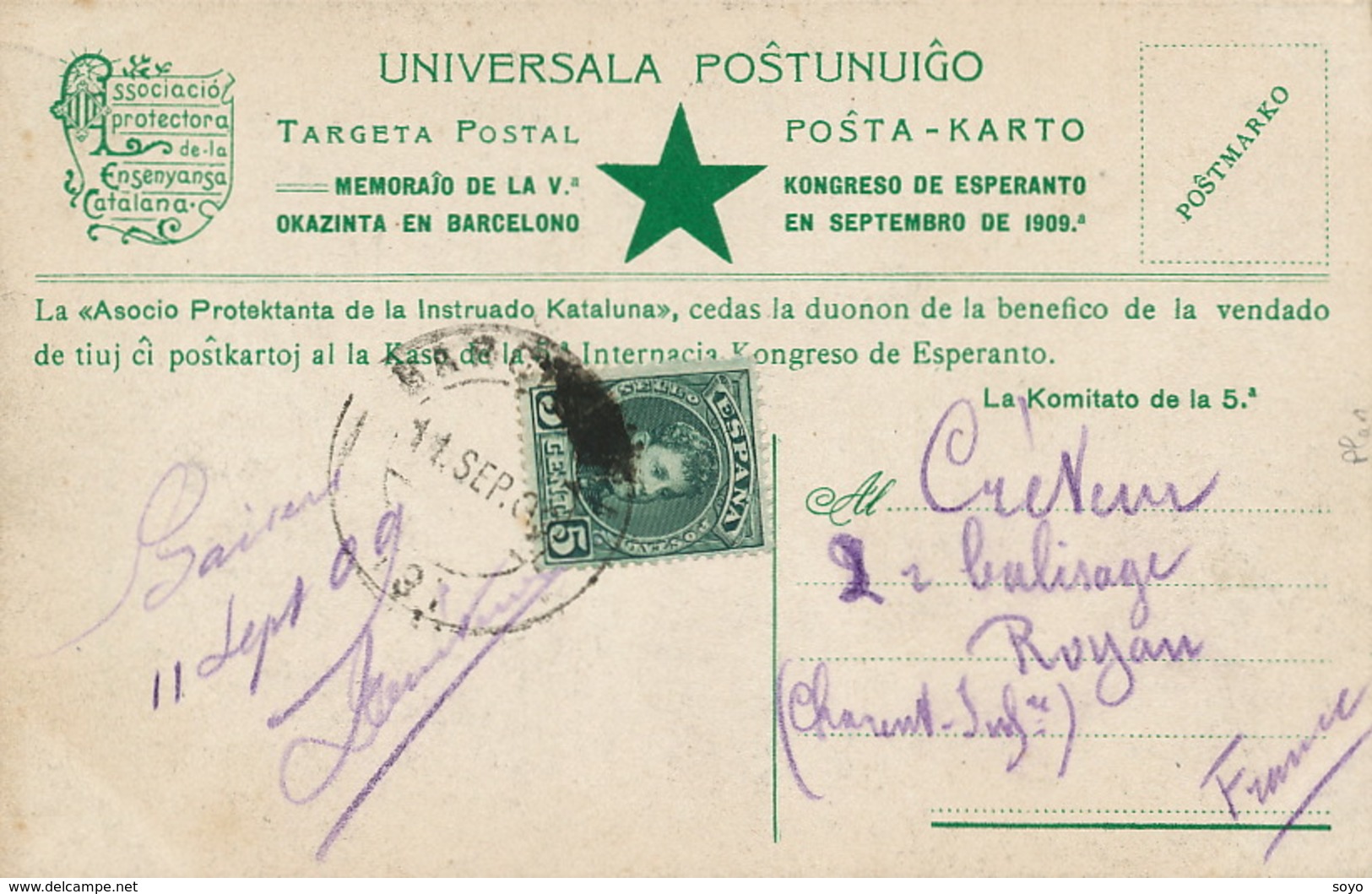 Esperanto  Barcelone .  Catalogne ; Congrès Septembre 1909 - Esperanto