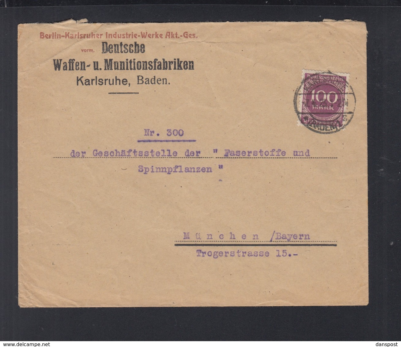 Dt. Reich Brief 1923 Waffen- U. Munizionsfabrik Karlsruhe - Covers & Documents