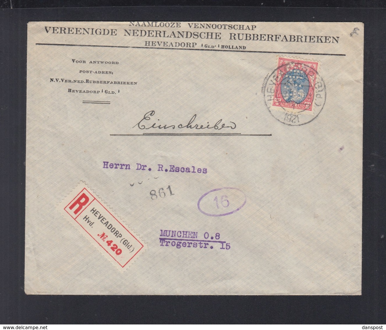 Niederlande Brief 1921 Heveadorp Lochung Perfin - Covers & Documents