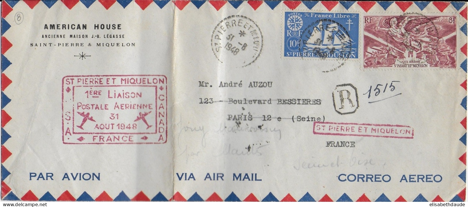 SPM - 1948 - SERIE De LONDRES "FRANCELIBRE" - ENVELOPPE RECO AVION => PARIS - CACHET 1° VOL SPM / CANADA / USA / FRANCE - Storia Postale