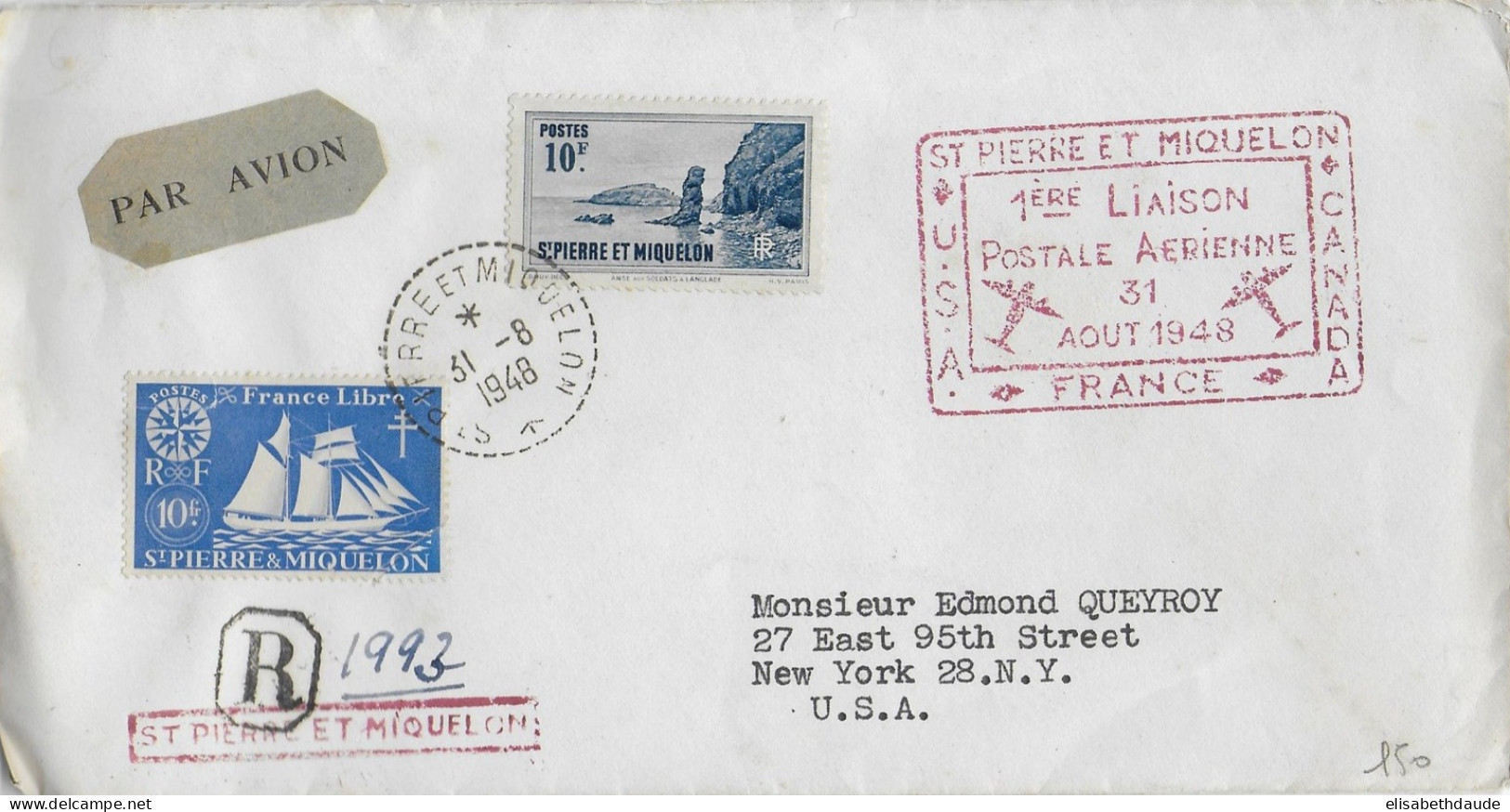 SPM - 1948 - SERIE De LONDRES "FRANCE LIBRE" - ENVELOPPE RECO AVION => NEW YORK -  1° VOL SPM / CANADA / USA / FRANCE - Briefe U. Dokumente