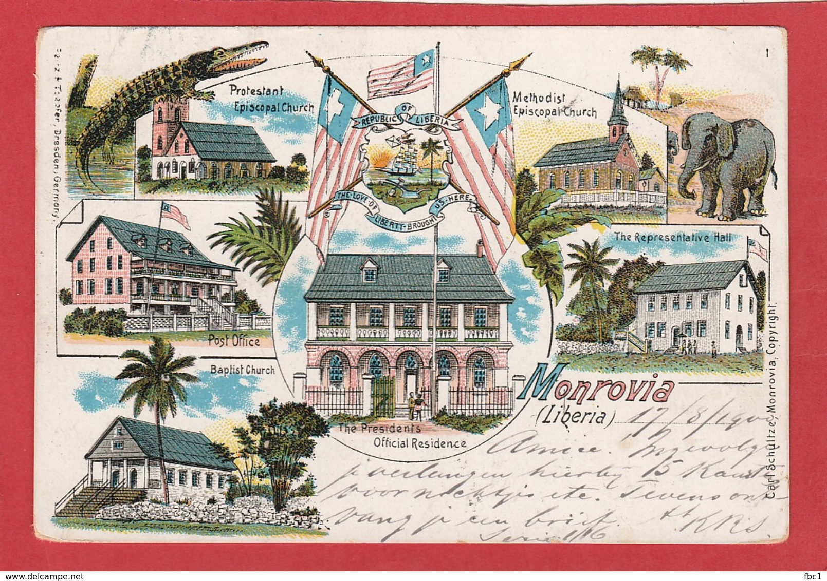 CPA: Liberia - Monrovia - Carte Lithographique , Church, Post-Office ..... - Liberia