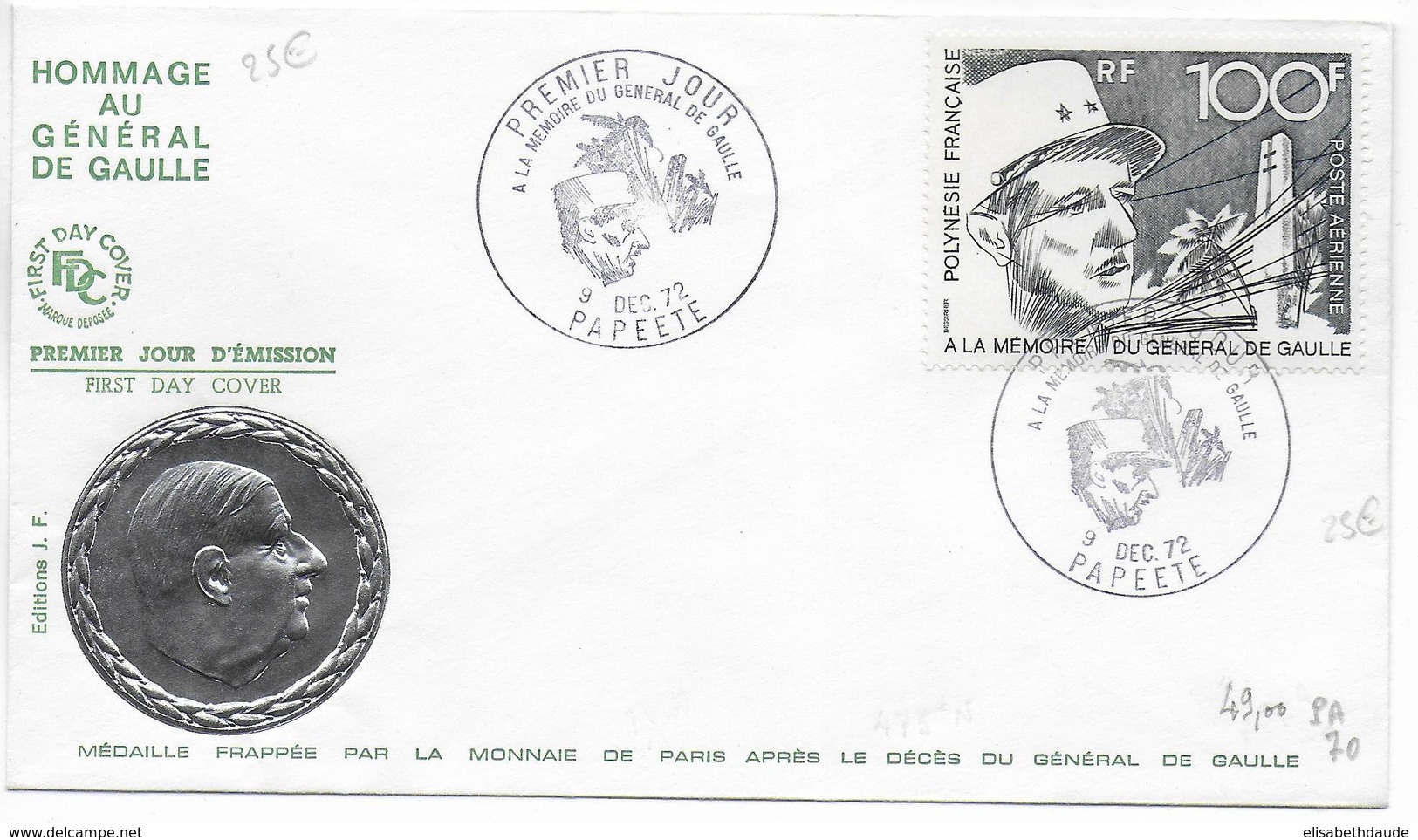 POLYNESIE - 1972 - POSTE AERIENNE RARE YVERT N° 70 Sur ENVELOPPE FDC ! - DE GAULLE - - FDC