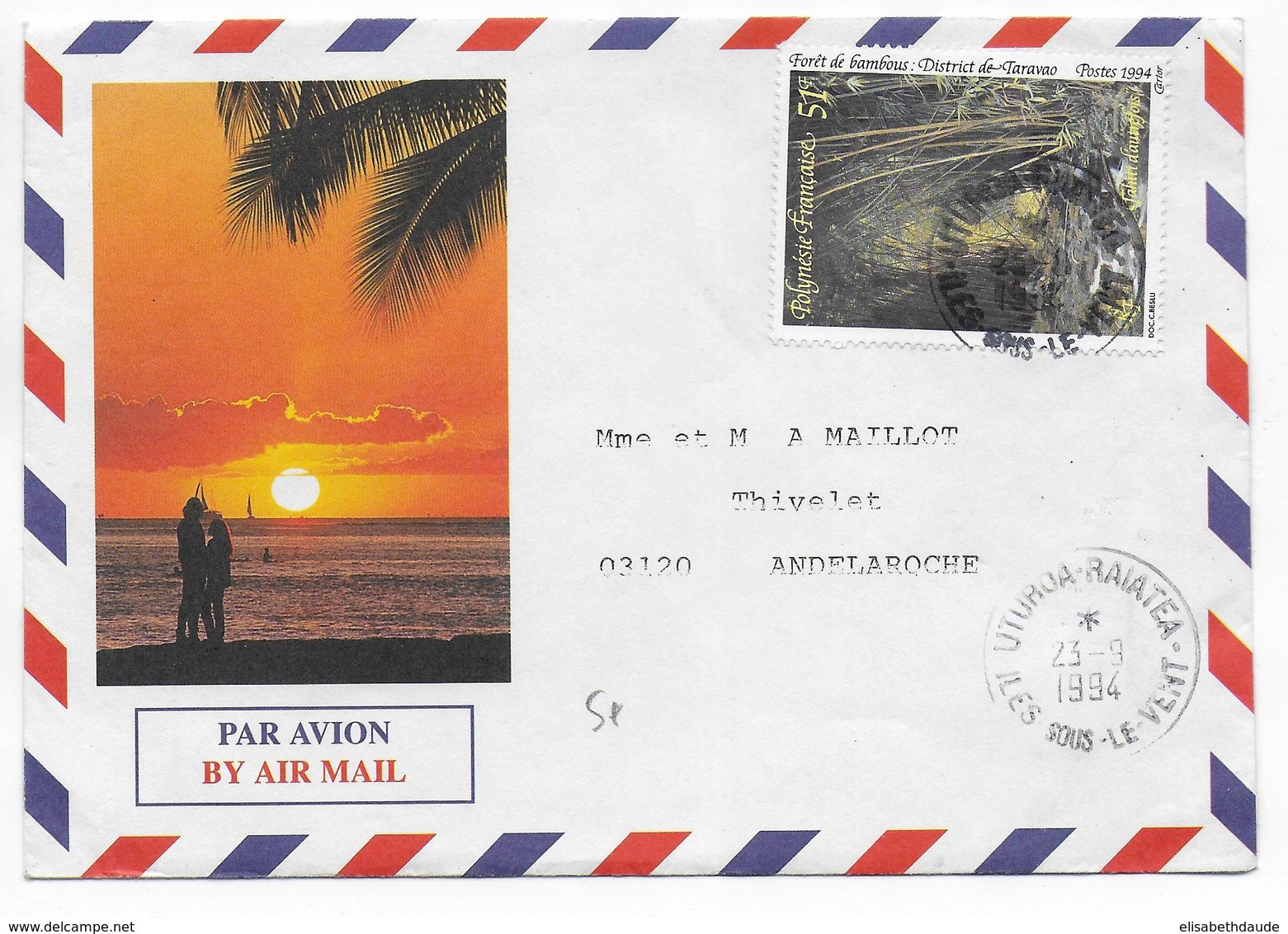 POLYNESIE - 1994 - ENVELOPPE ILLUSTREE Par AVION De UTUROA RAIATEA (ILES SOUS LE VENT) => ANDELAROCHE - Covers & Documents