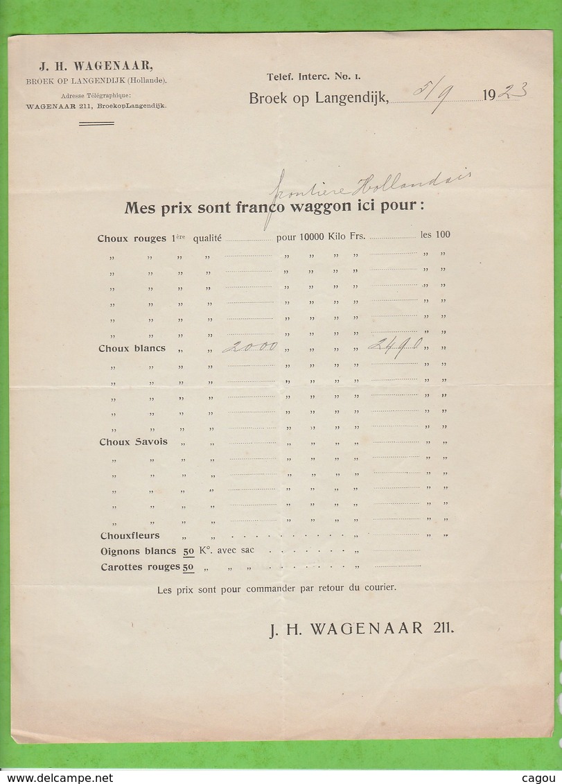 COURRIER J. H. WAGENAAR  BROEK OP LANGENDIJK (HOLLAND) WAGENAAR 211 BROEKOPLANGENDIJK - Pays-Bas