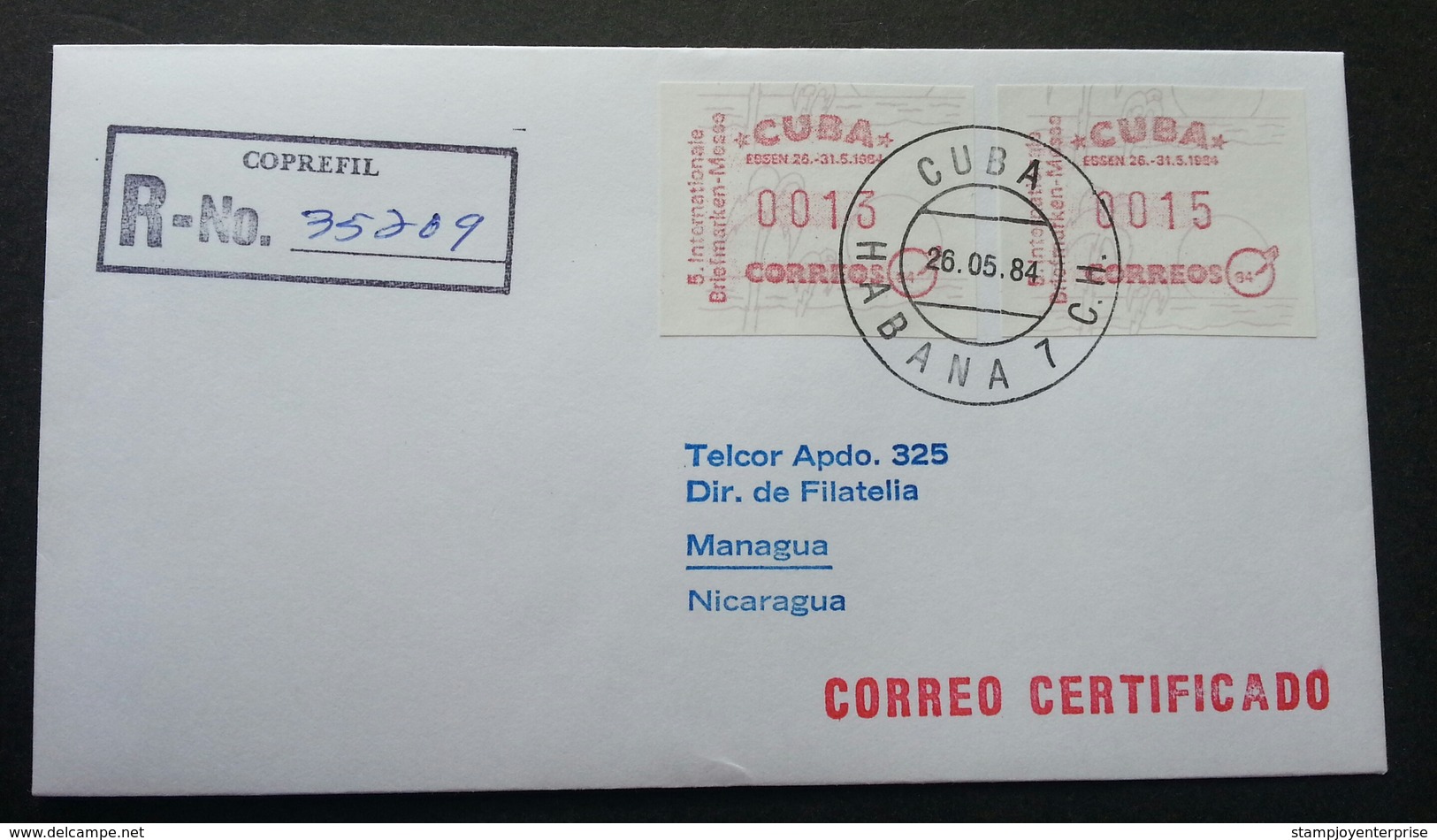Cuba 1984 ATM (Frama Label Stamp FDC) *rare *registered *addressed Nicaragua - Storia Postale