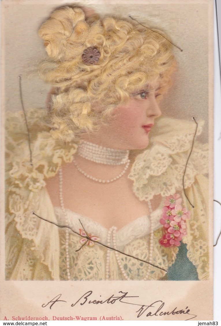 CPA Illustrée Fantaisie Femme Blonde Avec Vrais Cheveux ,a Schwidernoch,deutsch Wagram,austria (lot Pat 111) - Mujeres