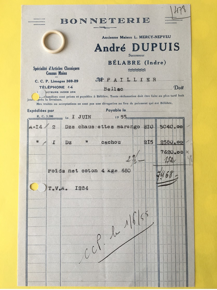 Facture Ancienne De BELABRE  ( 36 )  Bonneterie André DUPUIS   ( CPA36I4655 ) - Other & Unclassified