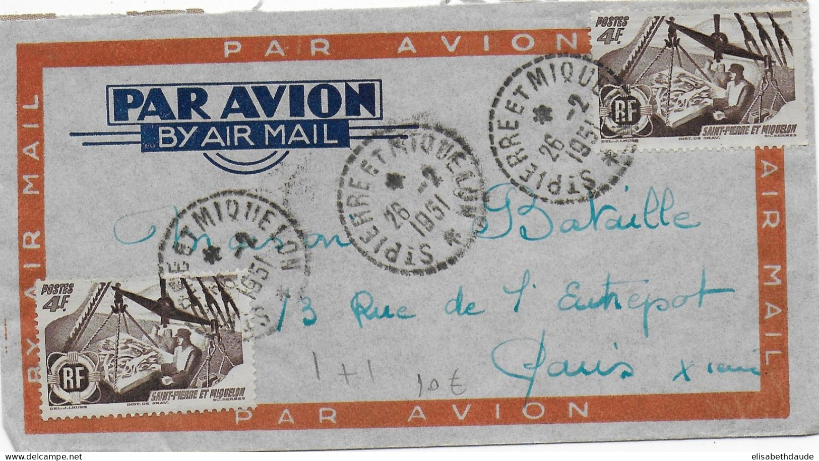 SPM - 1951 - ENVELOPPE Par AVION De SAINT PIERRE ET MIQUELON => PARIS - Storia Postale